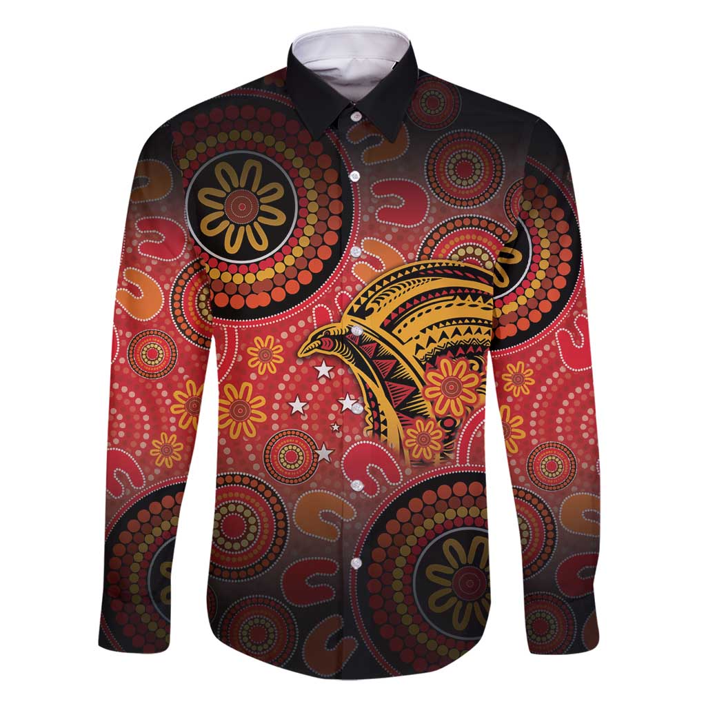 Papua New Guinea Family Matching Long Sleeve Bodycon Dress and Hawaiian Shirt Birds Of Paradise With Aboriginal Pattern LT05 Dad's Shirt - Long Sleeve Red - Polynesian Pride