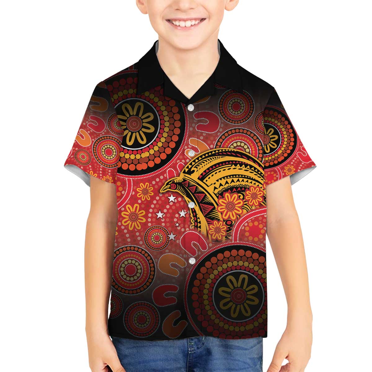 Papua New Guinea Family Matching Off The Shoulder Long Sleeve Dress and Hawaiian Shirt Birds Of Paradise With Aboriginal Pattern - Polynesian Pride