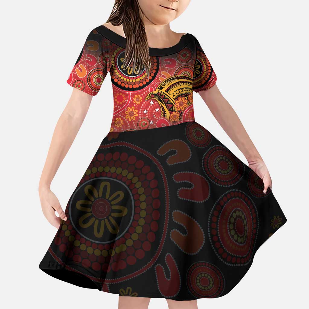 Papua New Guinea Family Matching Puletasi and Hawaiian Shirt Birds Of Paradise With Aboriginal Pattern LT05 Daughter's Dress Red - Polynesian Pride
