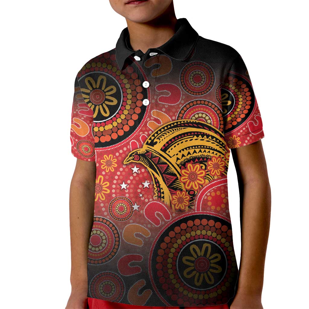 Papua New Guinea Kid Polo Shirt Birds Of Paradise With Aboriginal Pattern - Polynesian Pride