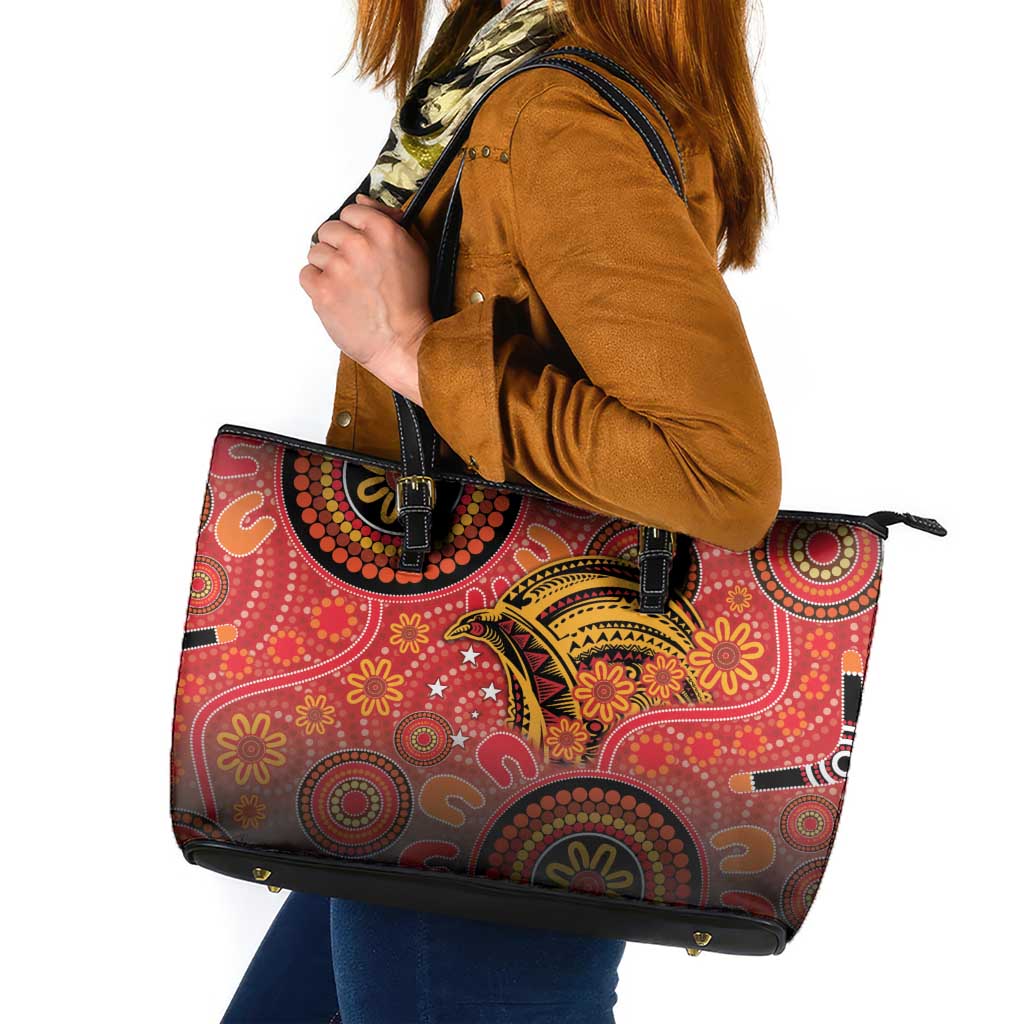 Papua New Guinea Leather Tote Bag Birds Of Paradise With Aboriginal Pattern - Polynesian Pride