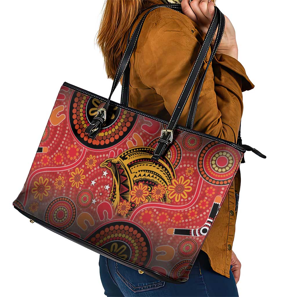 Papua New Guinea Leather Tote Bag Birds Of Paradise With Aboriginal Pattern - Polynesian Pride