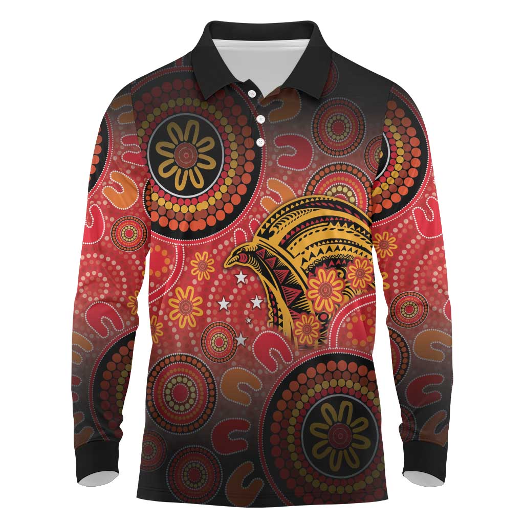 Papua New Guinea Long Sleeve Polo Shirt Birds Of Paradise With Aboriginal Pattern LT05 Red - Polynesian Pride