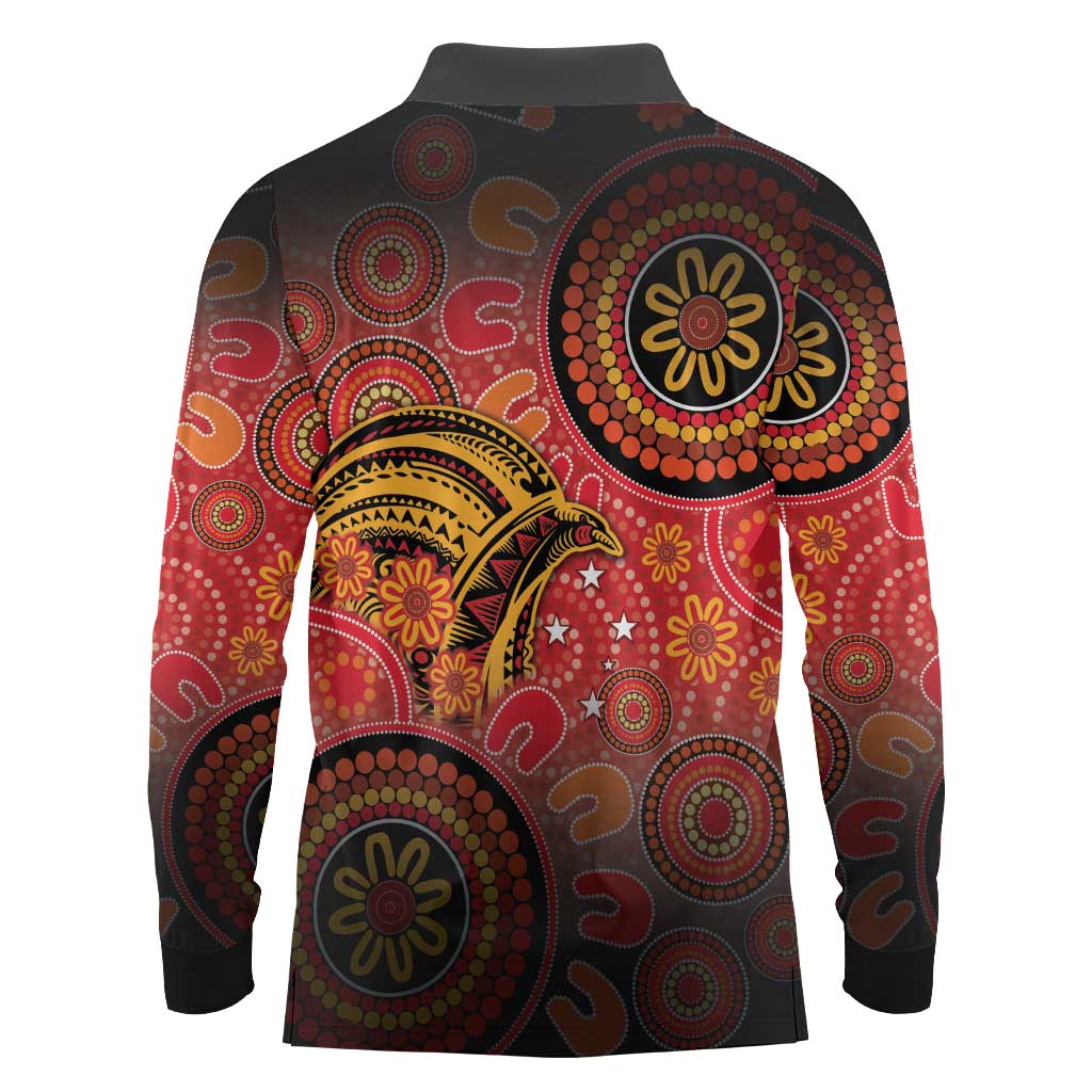 Papua New Guinea Long Sleeve Polo Shirt Birds Of Paradise With Aboriginal Pattern LT05 - Polynesian Pride
