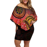 Papua New Guinea Off Shoulder Short Dress Birds Of Paradise With Aboriginal Pattern LT05 Women Red - Polynesian Pride