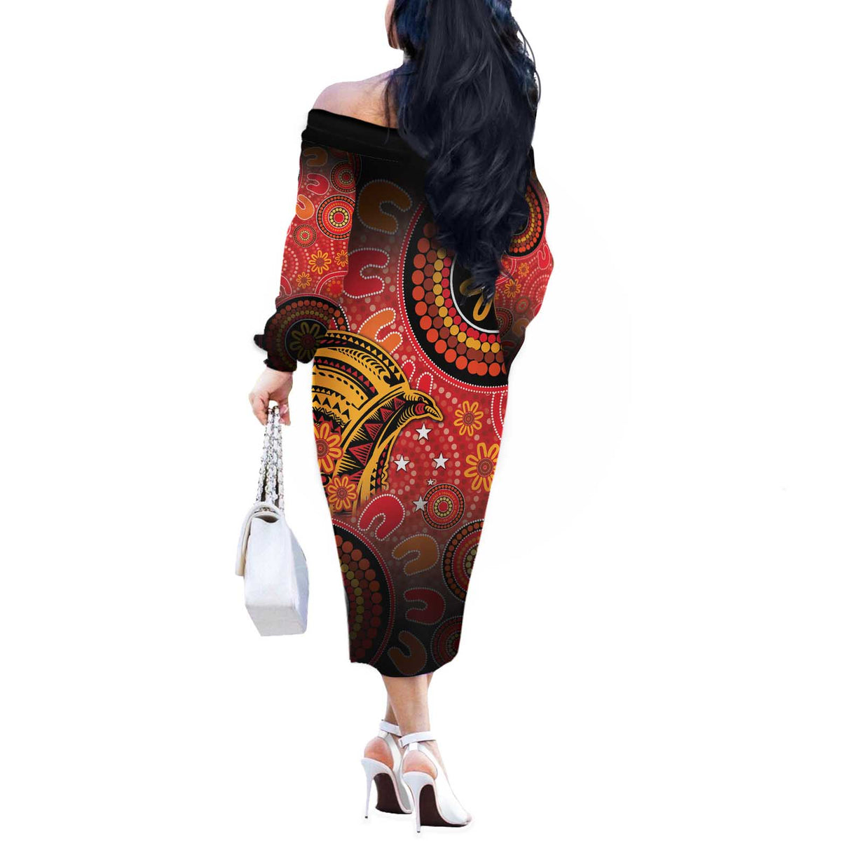 Papua New Guinea Off The Shoulder Long Sleeve Dress Birds Of Paradise With Aboriginal Pattern - Polynesian Pride