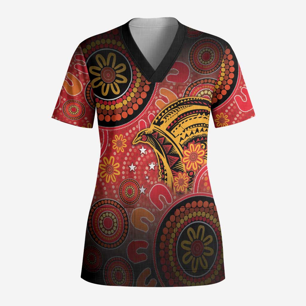 Papua New Guinea Scrub Top Birds Of Paradise With Aboriginal Pattern - Polynesian Pride