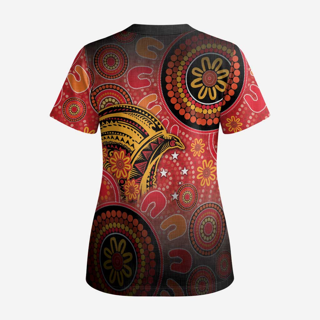 Papua New Guinea Scrub Top Birds Of Paradise With Aboriginal Pattern - Polynesian Pride