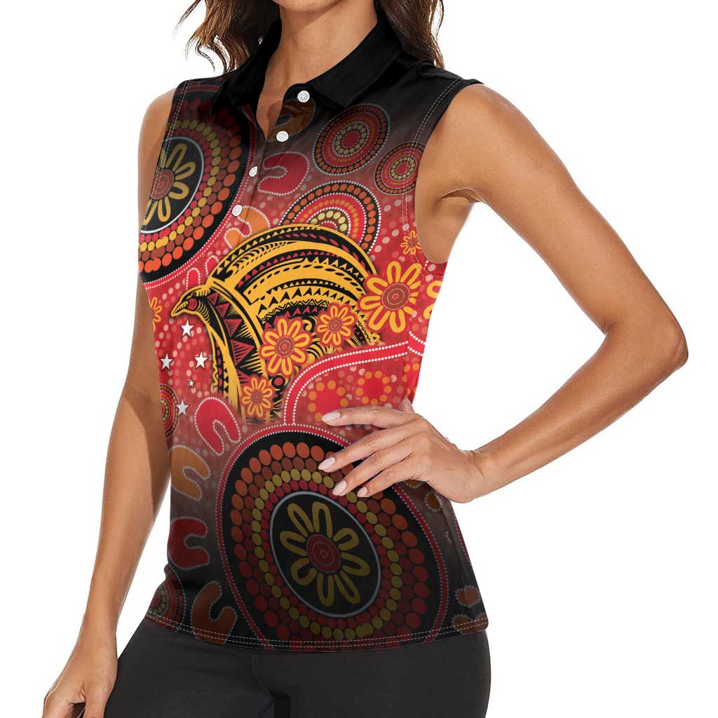 Papua New Guinea Women Sleeveless Polo Shirt Birds Of Paradise With Aboriginal Pattern LT05 - Polynesian Pride