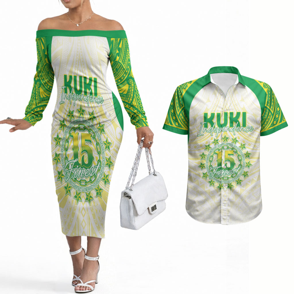 Kuki Independence 2026 Couples Matching Off The Shoulder Long Sleeve Dress and Hawaiian Shirt Cook Islands 15 Finest White Version LT05 White - Polynesian Pride