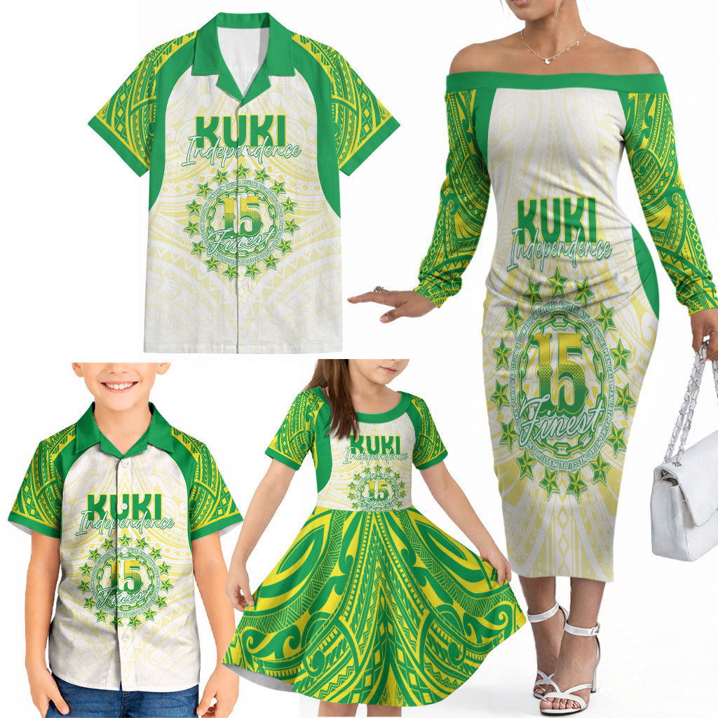 Kuki Independence 2026 Family Matching Off The Shoulder Long Sleeve Dress and Hawaiian Shirt Cook Islands 15 Finest White Version
