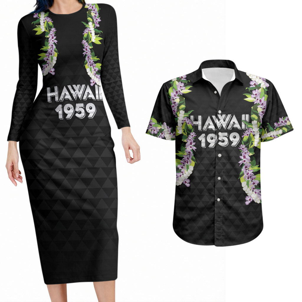 Hawaii Statehood Day Couples Matching Long Sleeve Bodycon Dress and Hawaiian Shirt Kakau Pattern With Maile Pikake Honohono Lei