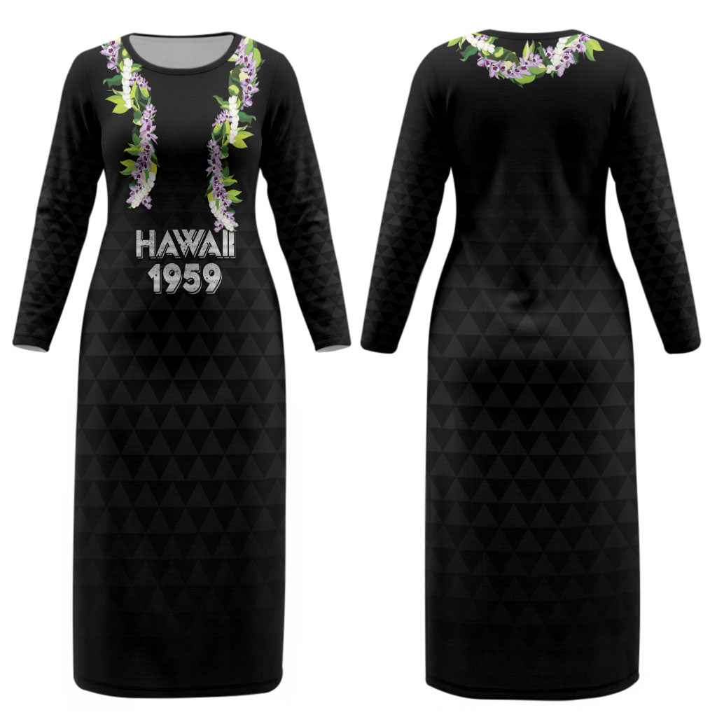 Hawaii Statehood Day Couples Matching Long Sleeve Bodycon Dress and Hawaiian Shirt Kakau Pattern With Maile Pikake Honohono Lei