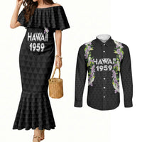 Hawaii Statehood Day Couples Matching Mermaid Dress and Long Sleeve Button Shirt Kakau Pattern With Maile Pikake Honohono Lei