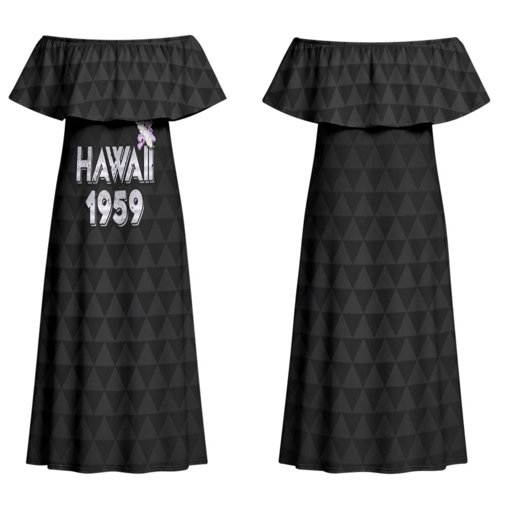 Hawaii Statehood Day Couples Matching Off Shoulder Maxi Dress and Hawaiian Shirt Kakau Pattern With Maile Pikake Honohono Lei