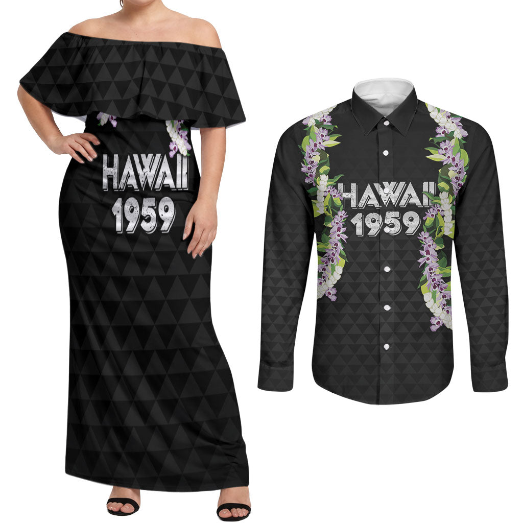 Hawaii Statehood Day Couples Matching Off Shoulder Maxi Dress and Long Sleeve Button Shirt Kakau Pattern With Maile Pikake Honohono Lei