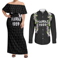 Hawaii Statehood Day Couples Matching Off Shoulder Maxi Dress and Long Sleeve Button Shirt Kakau Pattern With Maile Pikake Honohono Lei