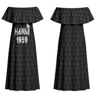 Hawaii Statehood Day Couples Matching Off Shoulder Maxi Dress and Long Sleeve Button Shirt Kakau Pattern With Maile Pikake Honohono Lei