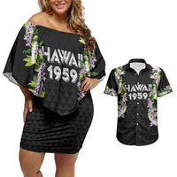 Hawaii Statehood Day Couples Matching Off Shoulder Short Dress and Hawaiian Shirt Kakau Pattern With Maile Pikake Honohono Lei