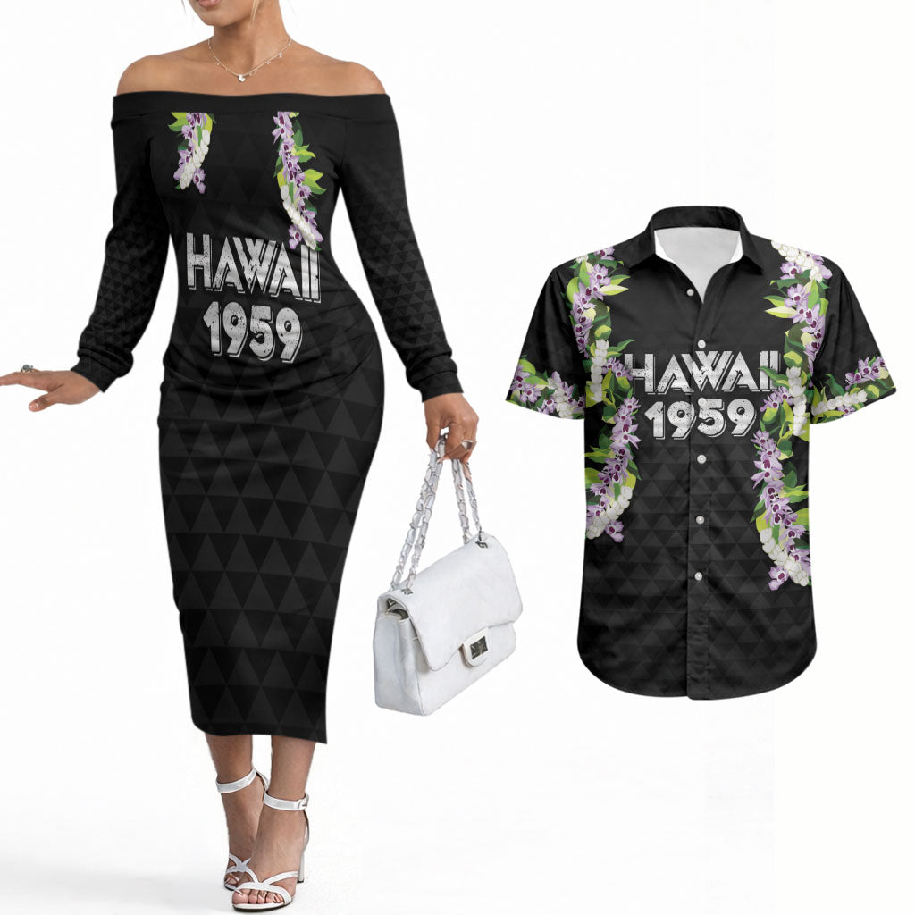 Hawaii Statehood Day Couples Matching Off The Shoulder Long Sleeve Dress and Hawaiian Shirt Kakau Pattern With Maile Pikake Honohono Lei