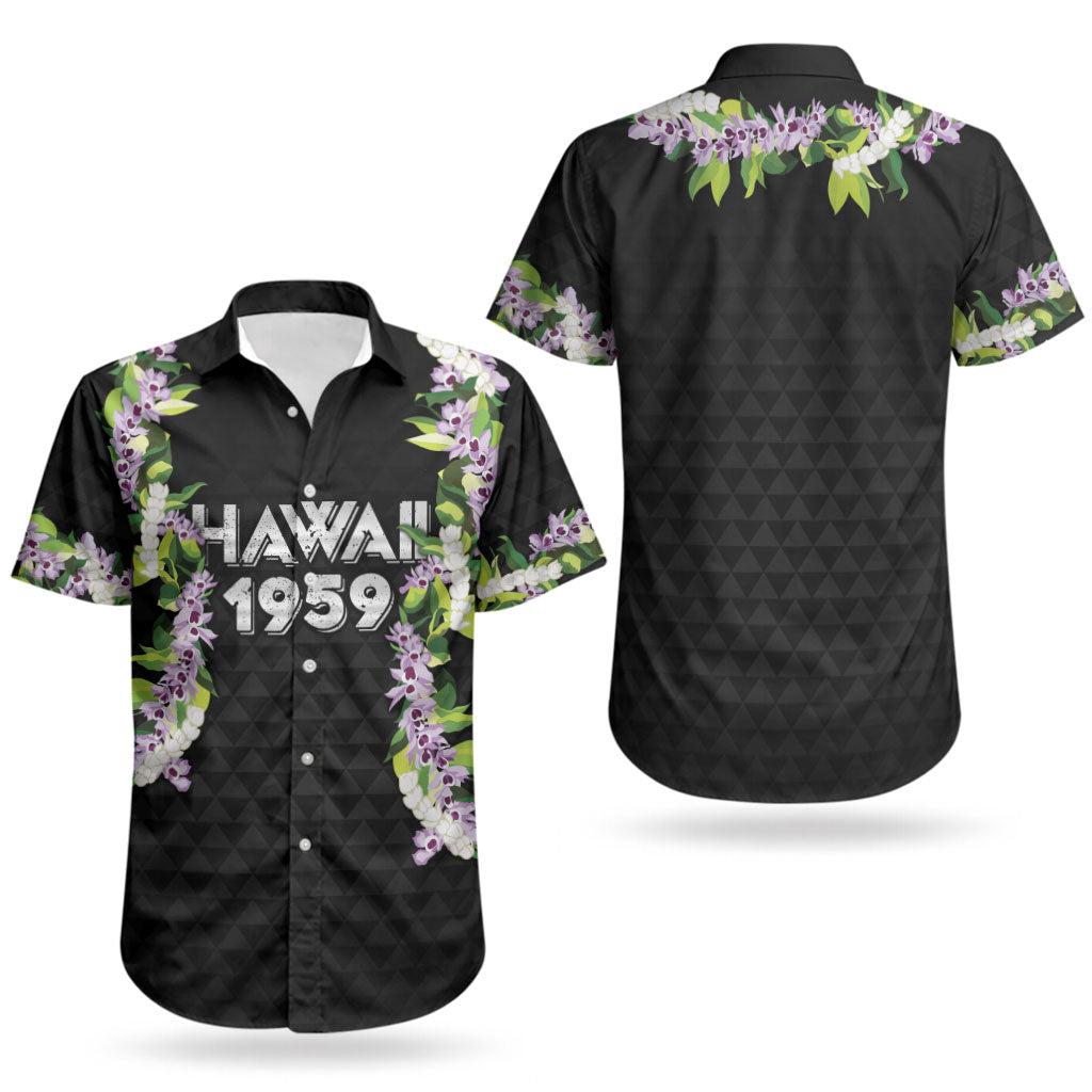 Hawaii Statehood Day Couples Matching Off The Shoulder Long Sleeve Dress and Hawaiian Shirt Kakau Pattern With Maile Pikake Honohono Lei