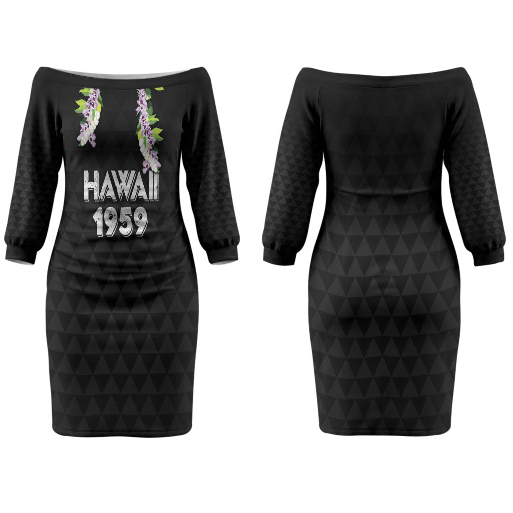 Hawaii Statehood Day Couples Matching Off The Shoulder Long Sleeve Dress and Hawaiian Shirt Kakau Pattern With Maile Pikake Honohono Lei