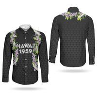 Hawaii Statehood Day Couples Matching Off The Shoulder Long Sleeve Dress and Long Sleeve Button Shirt Kakau Pattern With Maile Pikake Honohono Lei