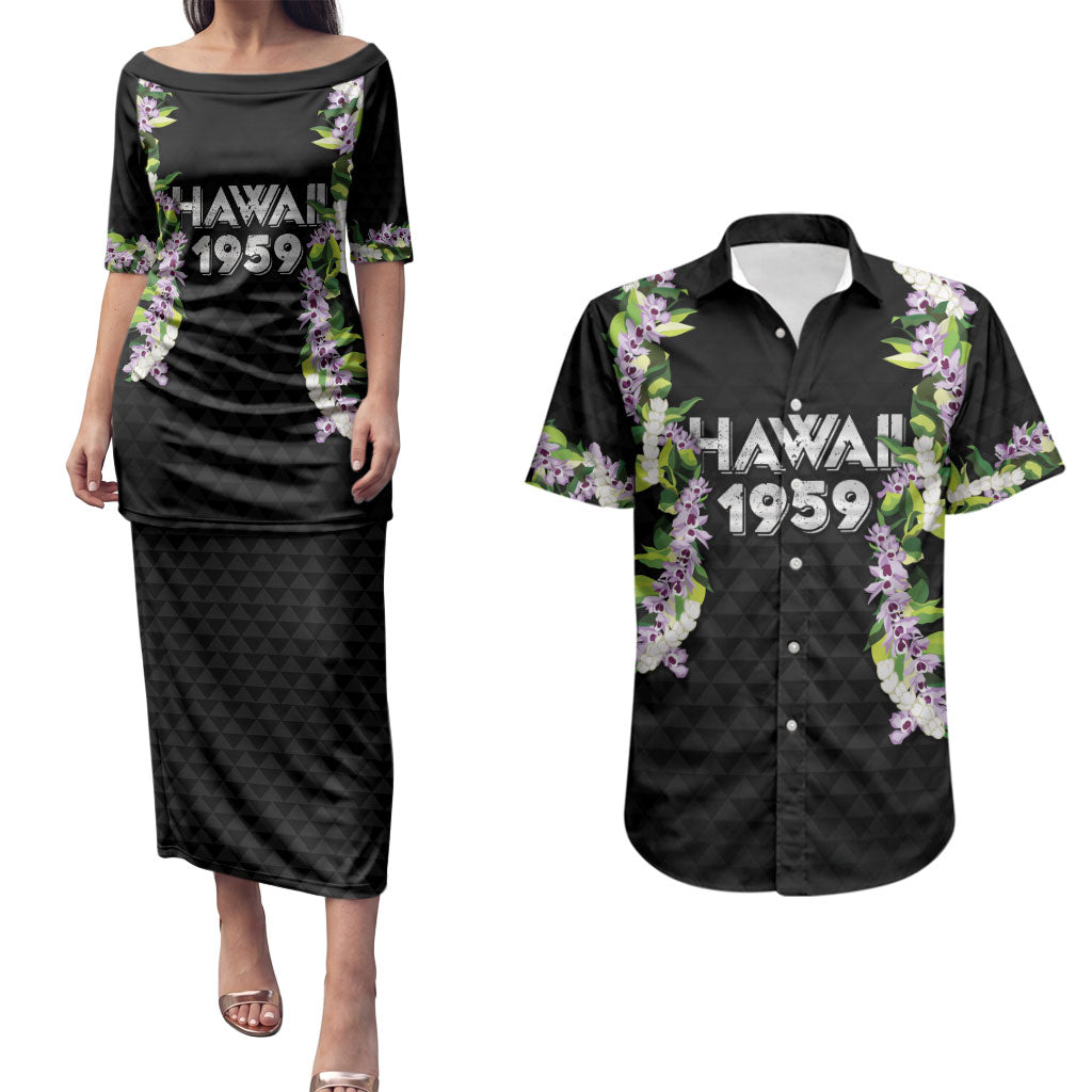Hawaii Statehood Day Couples Matching Puletasi and Hawaiian Shirt Kakau Pattern With Maile Pikake Honohono Lei LT05 Black - Polynesian Pride