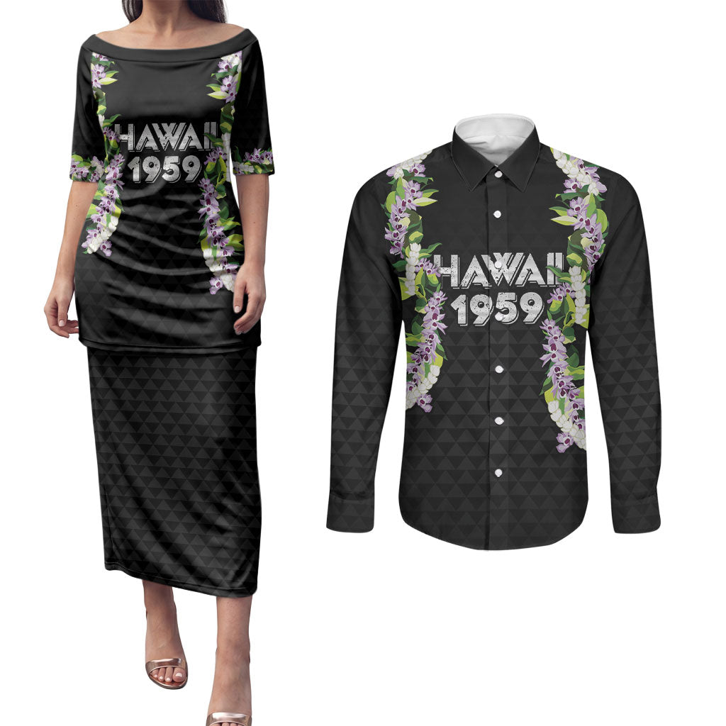 Hawaii Statehood Day Couples Matching Puletasi and Long Sleeve Button Shirt Kakau Pattern With Maile Pikake Honohono Lei