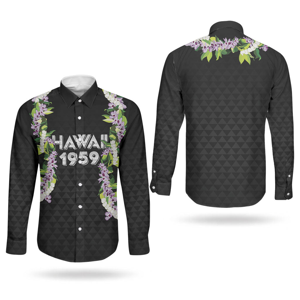 Hawaii Statehood Day Couples Matching Puletasi and Long Sleeve Button Shirt Kakau Pattern With Maile Pikake Honohono Lei