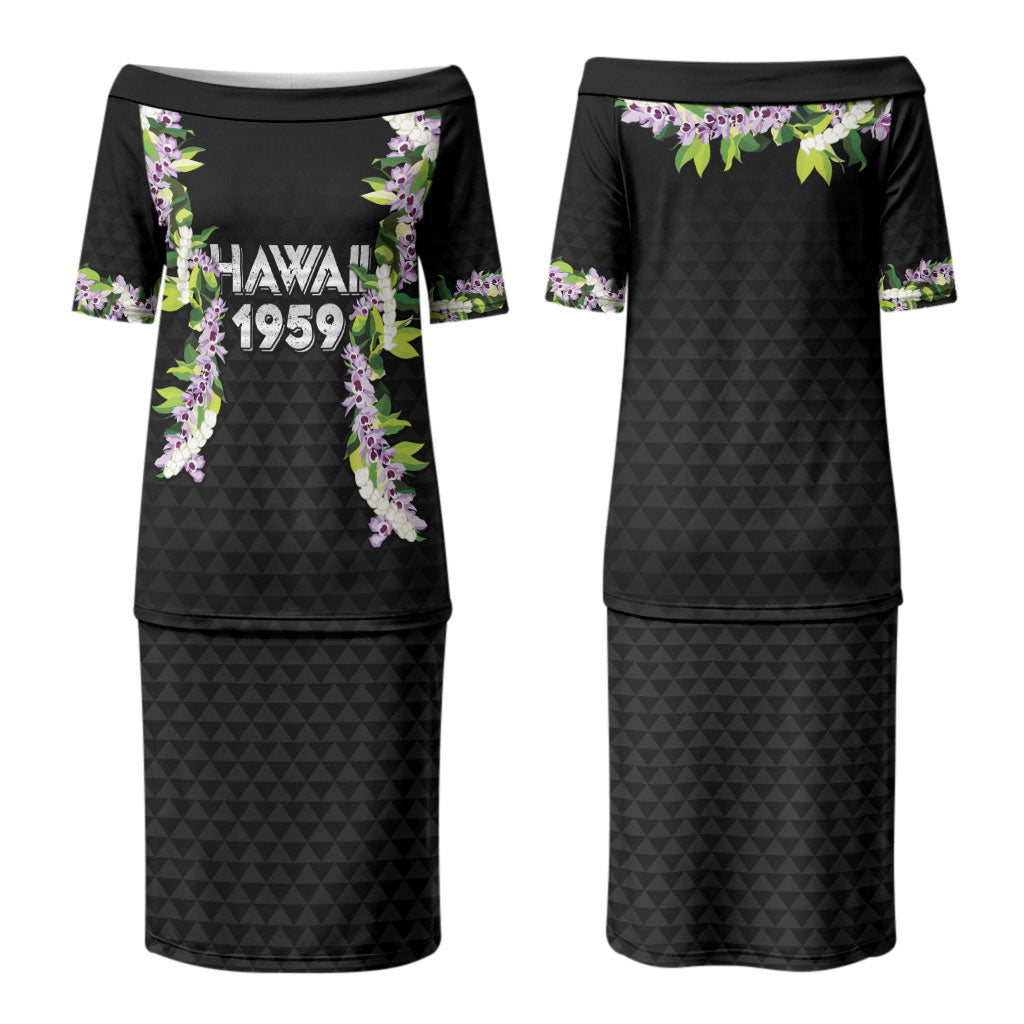 Hawaii Statehood Day Couples Matching Puletasi and Long Sleeve Button Shirt Kakau Pattern With Maile Pikake Honohono Lei