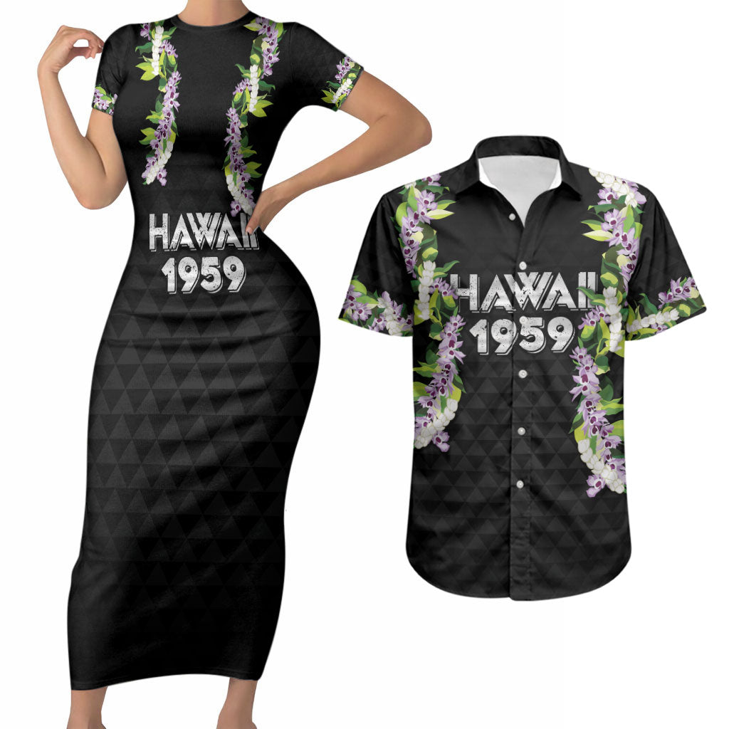 Hawaii Statehood Day Couples Matching Short Sleeve Bodycon Dress and Hawaiian Shirt Kakau Pattern With Maile Pikake Honohono Lei