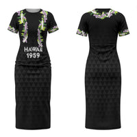 Hawaii Statehood Day Couples Matching Short Sleeve Bodycon Dress and Hawaiian Shirt Kakau Pattern With Maile Pikake Honohono Lei