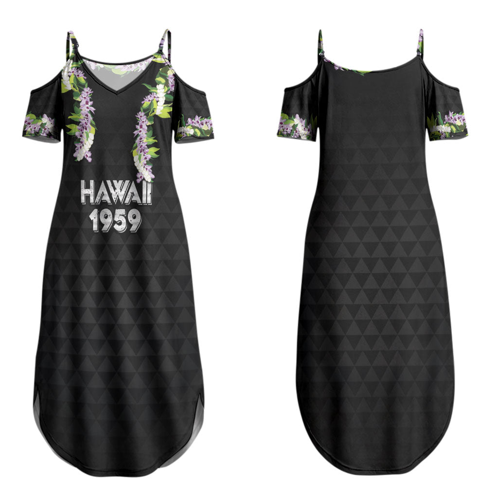 Hawaii Statehood Day Couples Matching Summer Maxi Dress and Hawaiian Shirt Kakau Pattern With Maile Pikake Honohono Lei