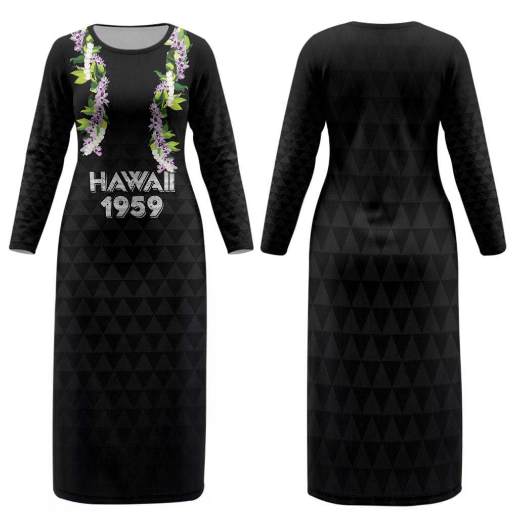 Hawaii Statehood Day Family Matching Long Sleeve Bodycon Dress and Hawaiian Shirt Kakau Pattern With Maile Pikake Honohono Lei