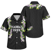 Hawaii Statehood Day Family Matching Off Shoulder Short Dress and Hawaiian Shirt Kakau Pattern With Maile Pikake Honohono Lei