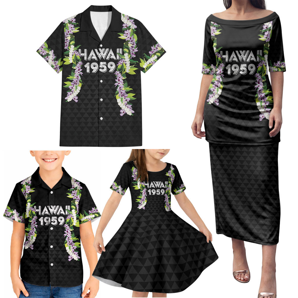 Hawaii Statehood Day Family Matching Puletasi and Hawaiian Shirt Kakau Pattern With Maile Pikake Honohono Lei