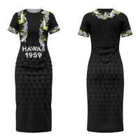 Hawaii Statehood Day Family Matching Short Sleeve Bodycon Dress and Hawaiian Shirt Kakau Pattern With Maile Pikake Honohono Lei