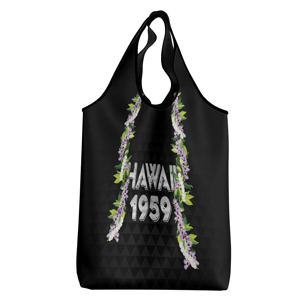 Hawaii Statehood Day Grocery Bag Kakau Pattern With Maile Pikake Honohono Lei