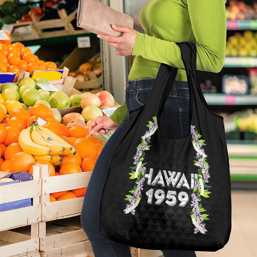 Hawaii Statehood Day Grocery Bag Kakau Pattern With Maile Pikake Honohono Lei