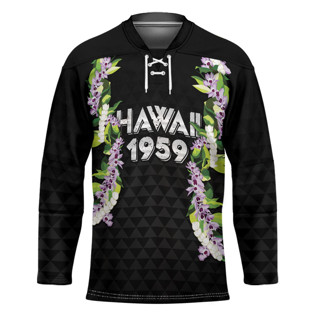 Hawaii Statehood Day Hockey Jersey Kakau Pattern With Maile Pikake Honohono Lei LT05 Unisex Black - Polynesian Pride