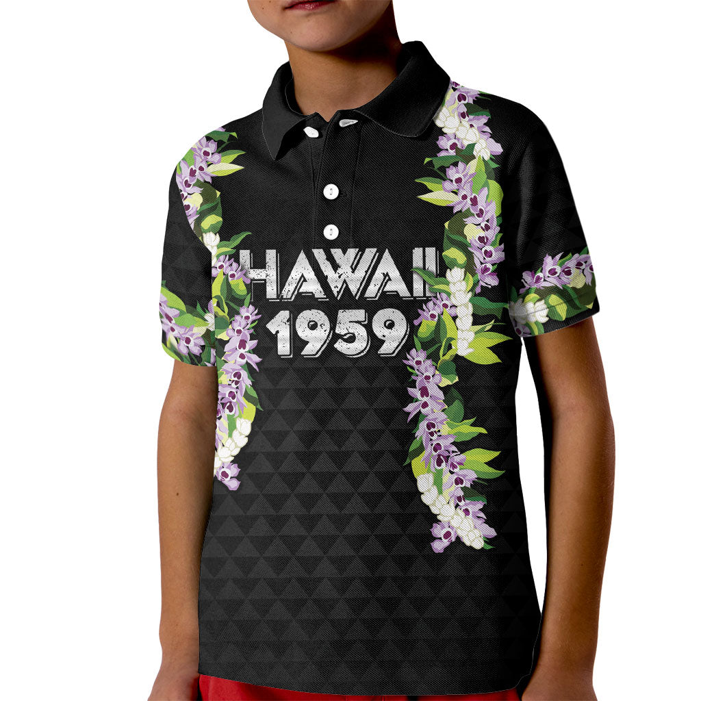 Hawaii Statehood Day Kid Polo Shirt Kakau Pattern With Maile Pikake Honohono Lei