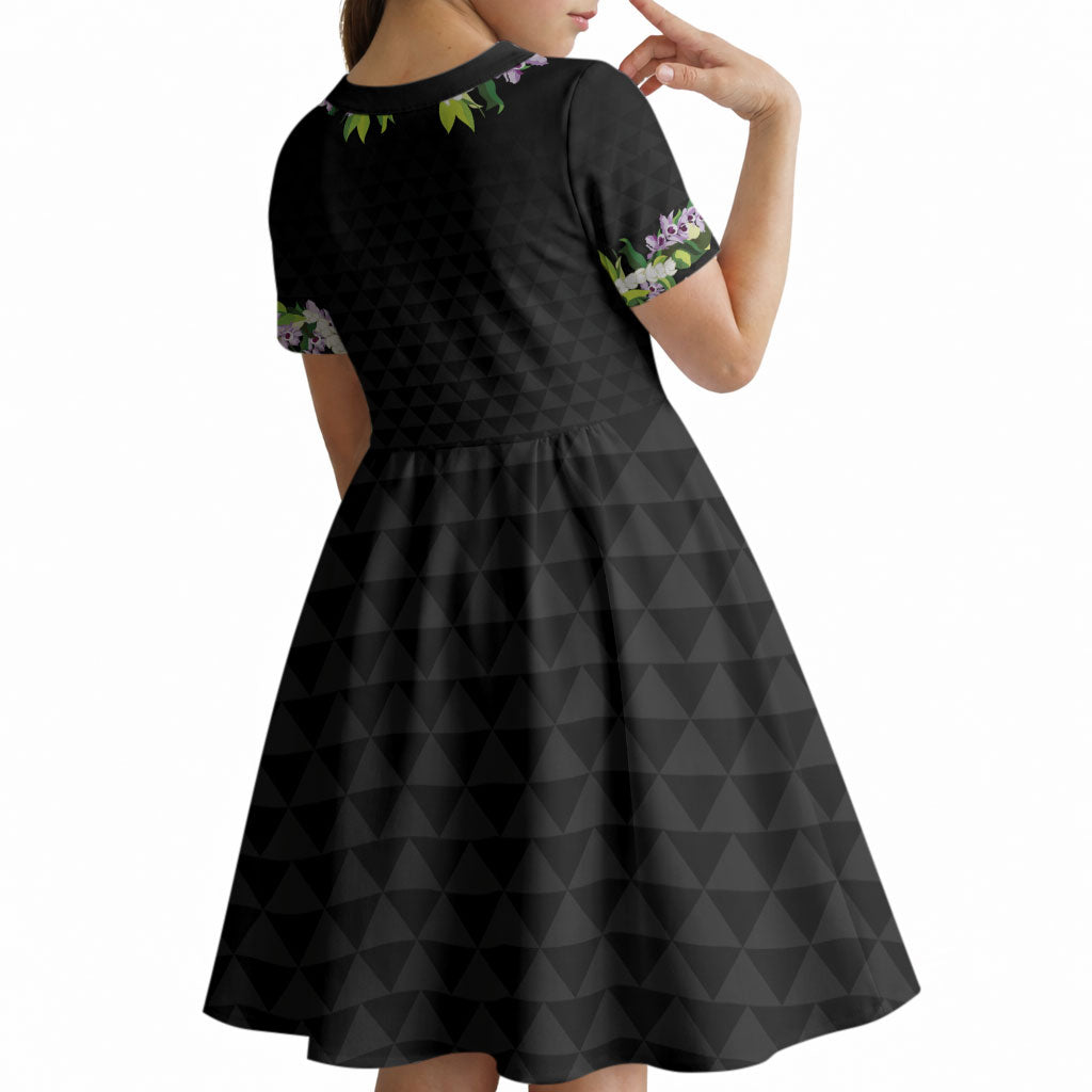 Hawaii Statehood Day Kid Short Sleeve Dress Kakau Pattern With Maile Pikake Honohono Lei