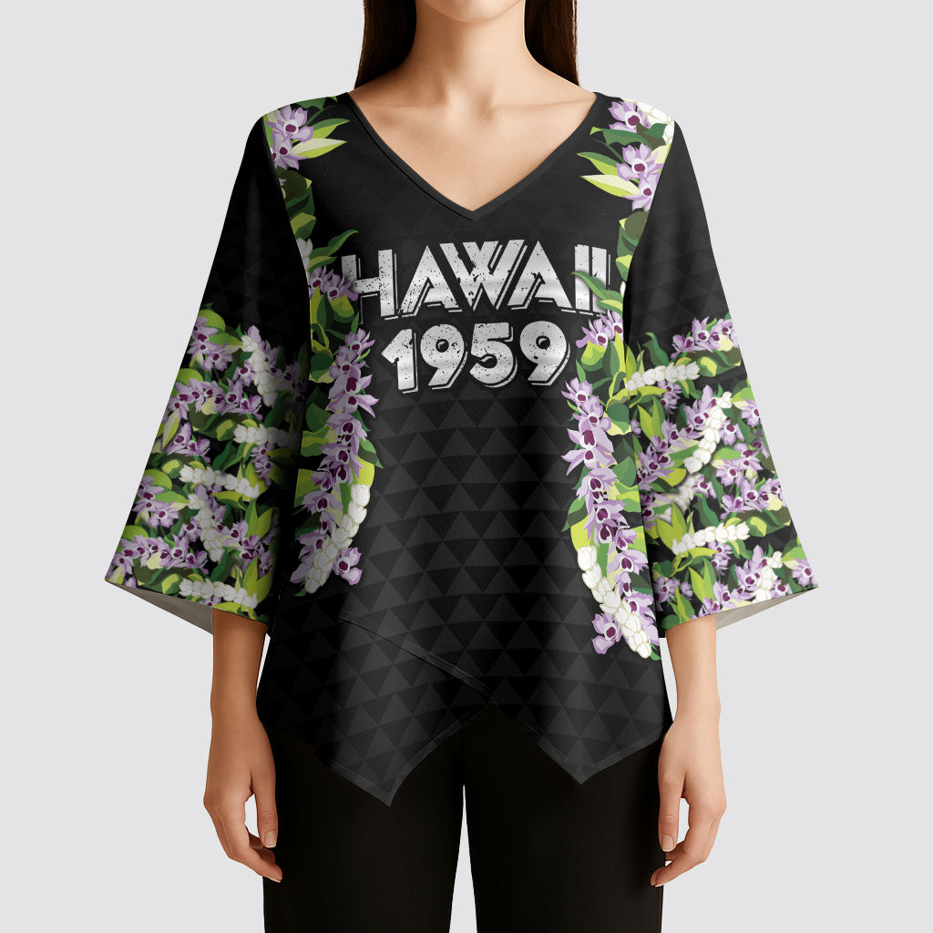 Hawaii Statehood Day Kimono Sleeve Blouse Kakau Pattern With Maile Pikake Honohono Lei