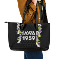 Hawaii Statehood Day Leather Tote Bag Kakau Pattern With Maile Pikake Honohono Lei