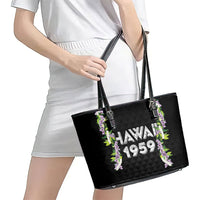 Hawaii Statehood Day Leather Tote Bag Kakau Pattern With Maile Pikake Honohono Lei