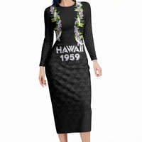Hawaii Statehood Day Long Sleeve Bodycon Dress Kakau Pattern With Maile Pikake Honohono Lei