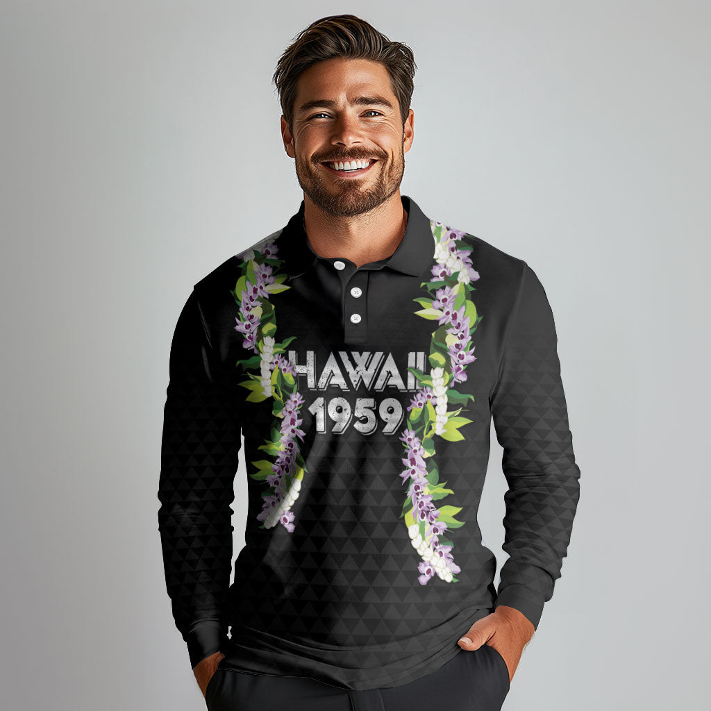 Hawaii Statehood Day Long Sleeve Polo Shirt Kakau Pattern With Maile Pikake Honohono Lei