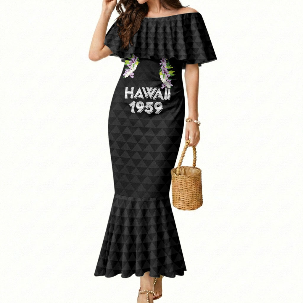 Hawaii Statehood Day Mermaid Dress Kakau Pattern With Maile Pikake Honohono Lei