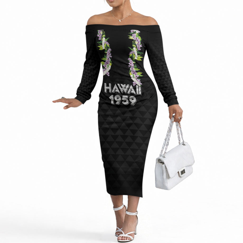 Hawaii Statehood Day Off The Shoulder Long Sleeve Dress Kakau Pattern With Maile Pikake Honohono Lei LT05 Women Black - Polynesian Pride